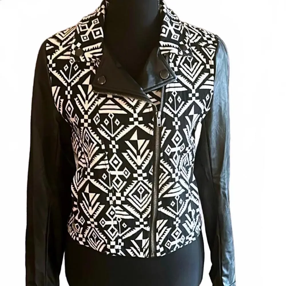 Blu Pepper Womens Moto Jacket Small Black White Aztec Print Bohochic - Picture 1 of 9